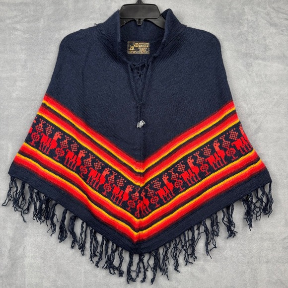 Dannita Sweaters - Dannita 100% Alpaca Poncho Navy Red Yellow Geometric Fringe Made Peru Women‎